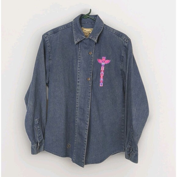Wrangler Tops - VTG Wrangler Silver Lake Denim Western Totem Pole‎ Embroidered Shirt Size Medium